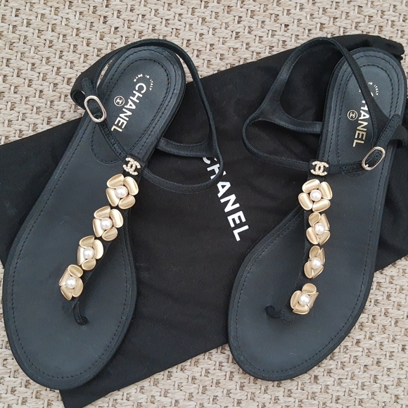 CHANEL Shoes - Chanel sandals ,gold tone hardware cc  camelias with pearl centre- Authentic